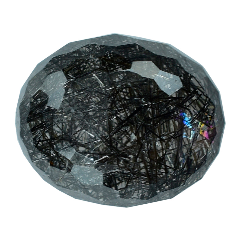 BLACK RUTILE QUARTZ FACETED TUMBLE OVAL 15X12MM 14.55 Cts.