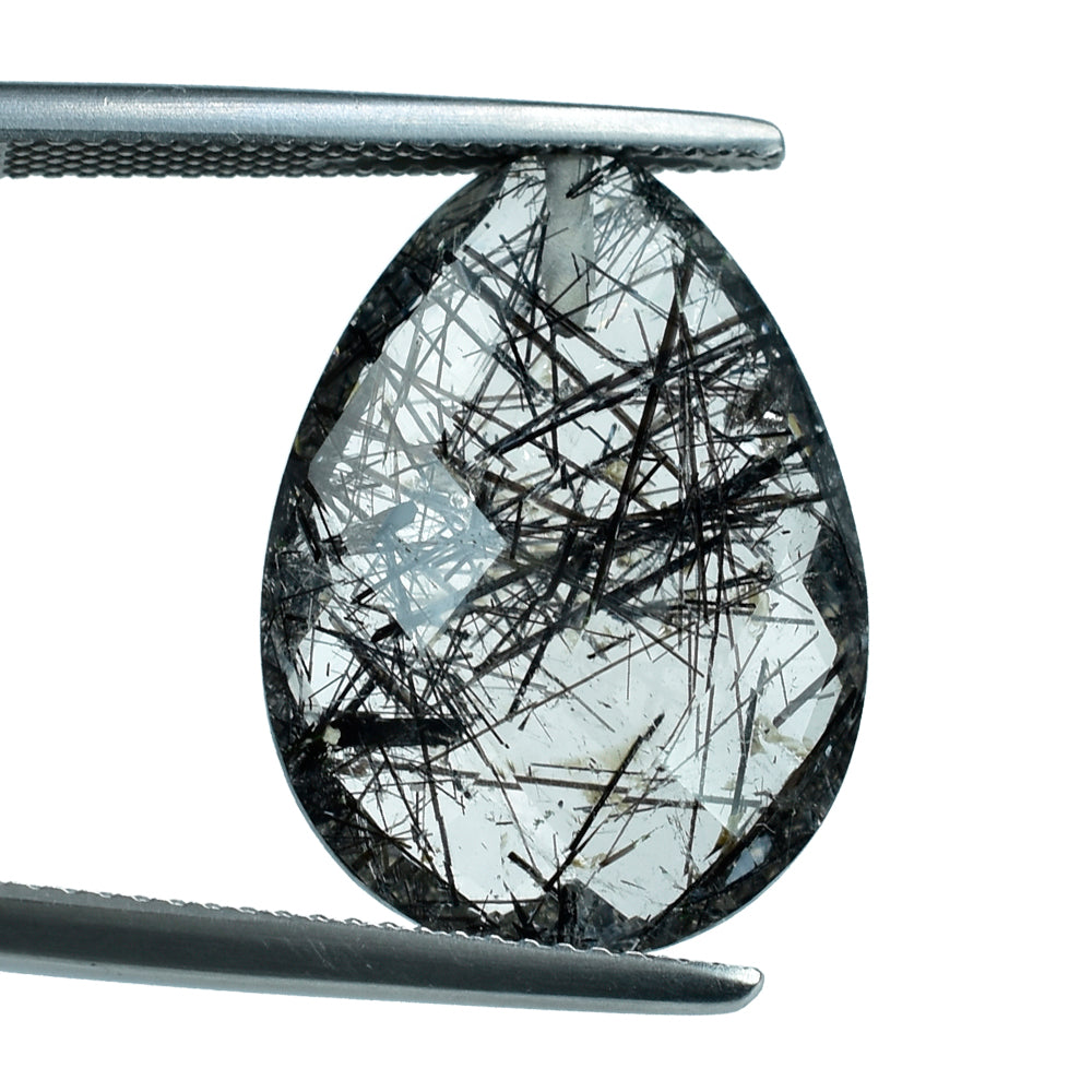 BLACK RUTILE QUARTZ BRIOLETTE PEAR (HALF DRILL) 20X15MM 11.18 Cts.