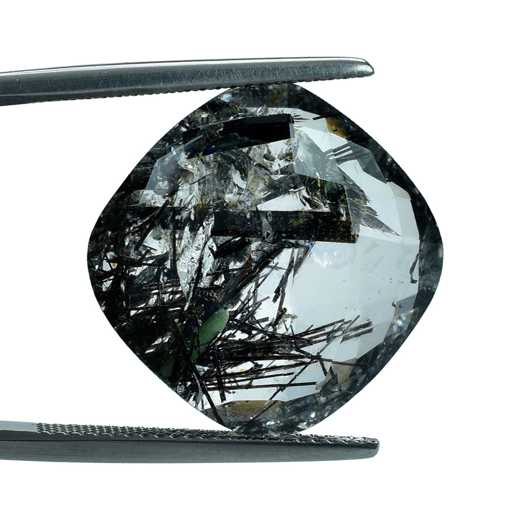 BLACK RUTILE QUARTZ CHECKER BRIOLETTE CUSHION 18MM (HALF DRIL) 19.48 Cts.
