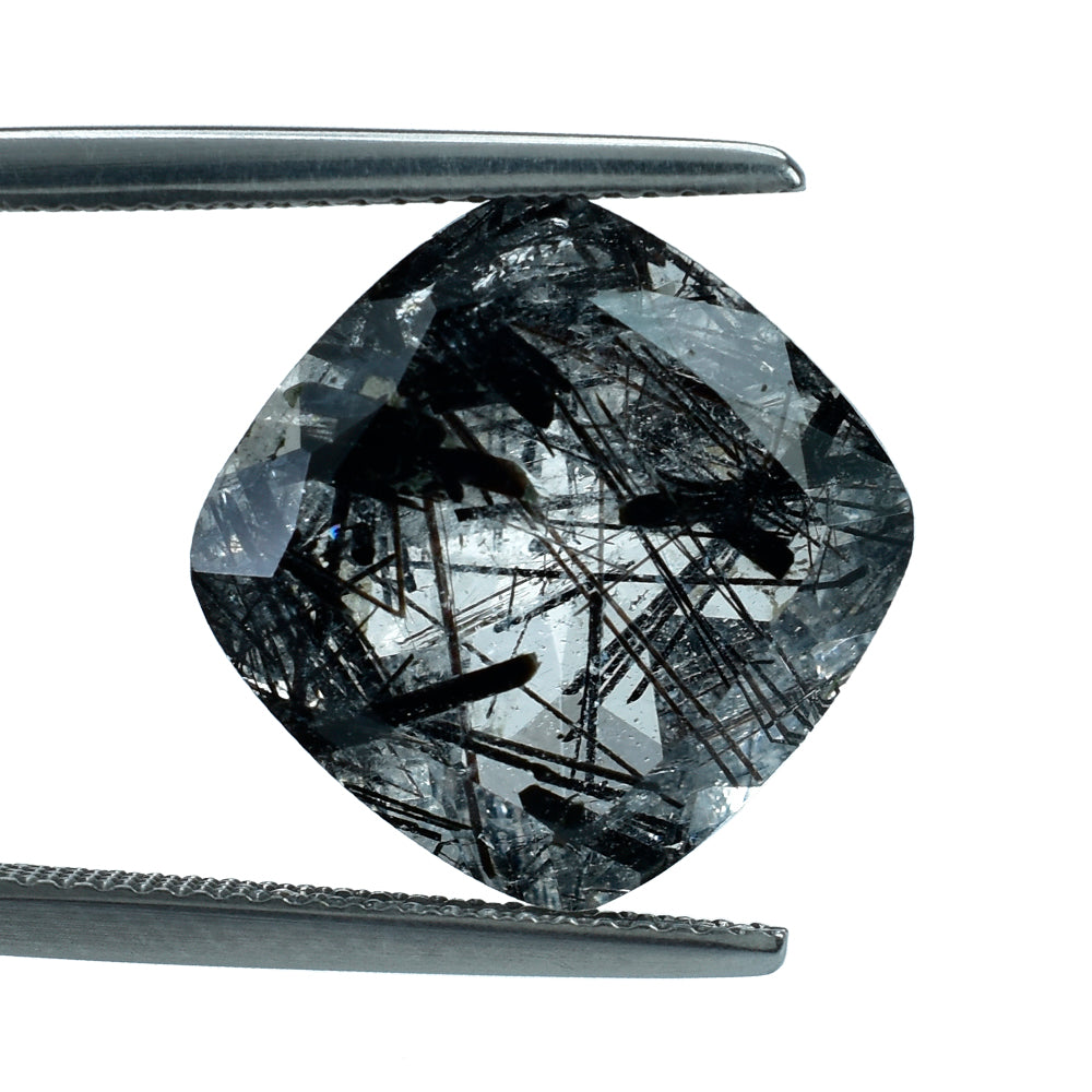 BLACK RUTILE QUARTZ CUT CUSHION 14MM (MANY BLACK RUTILE/CLEAN) 9.86 Cts.