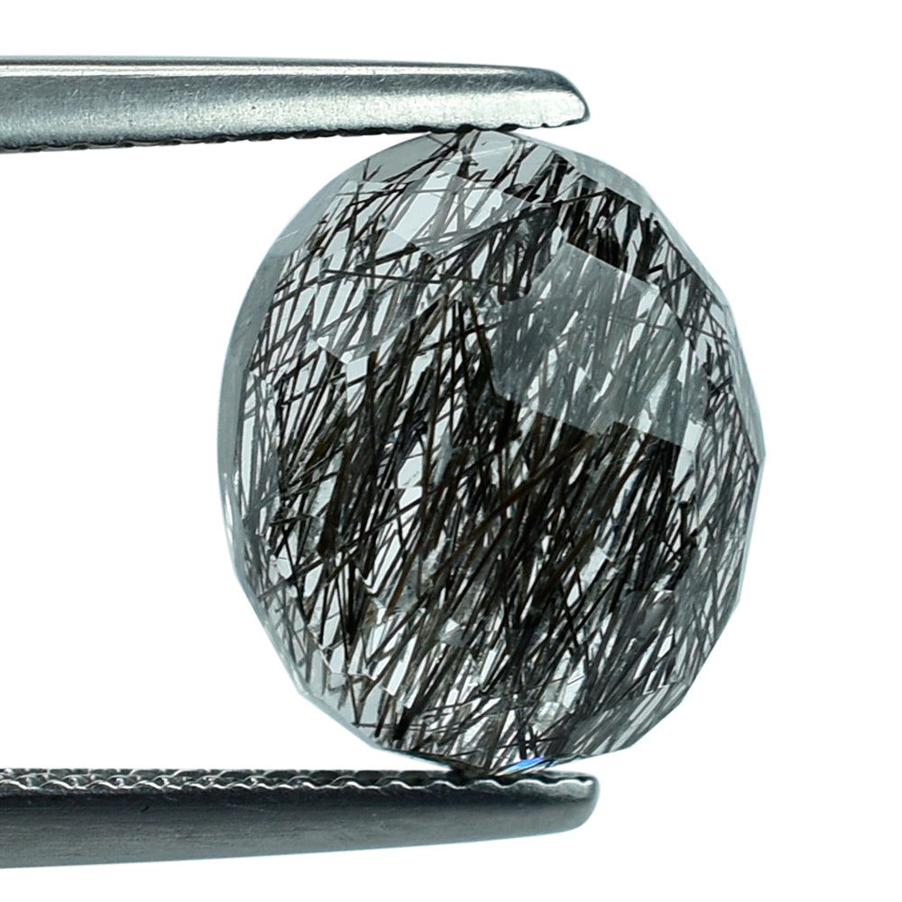 BLACK RUTILE QUARTZ IRREGULAR FACETED OVAL CAB 12X10MM (BLACK/CLEAN) 5.62 Cts.