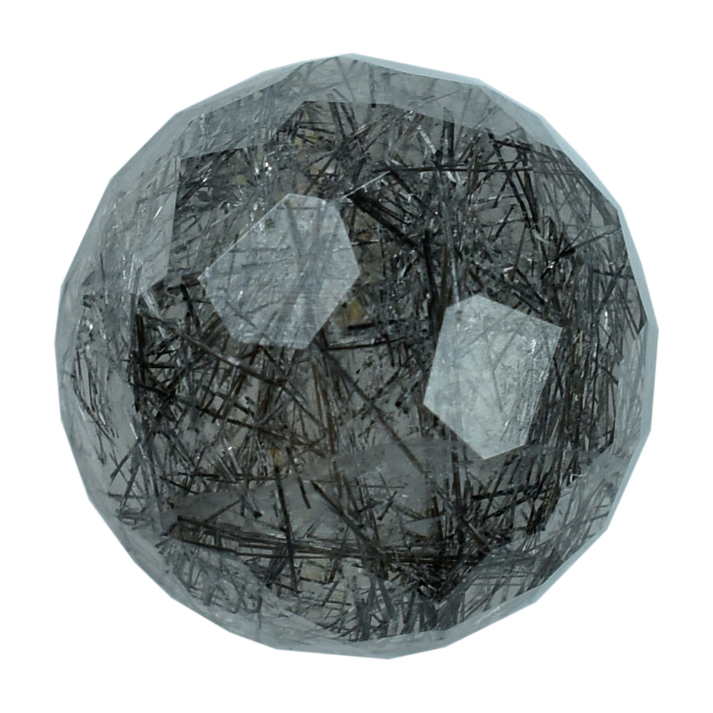 BLACK RUTILE QUARTZ IRREGULAR FACETED ROUND CAB 12MM 7.76 Cts.
