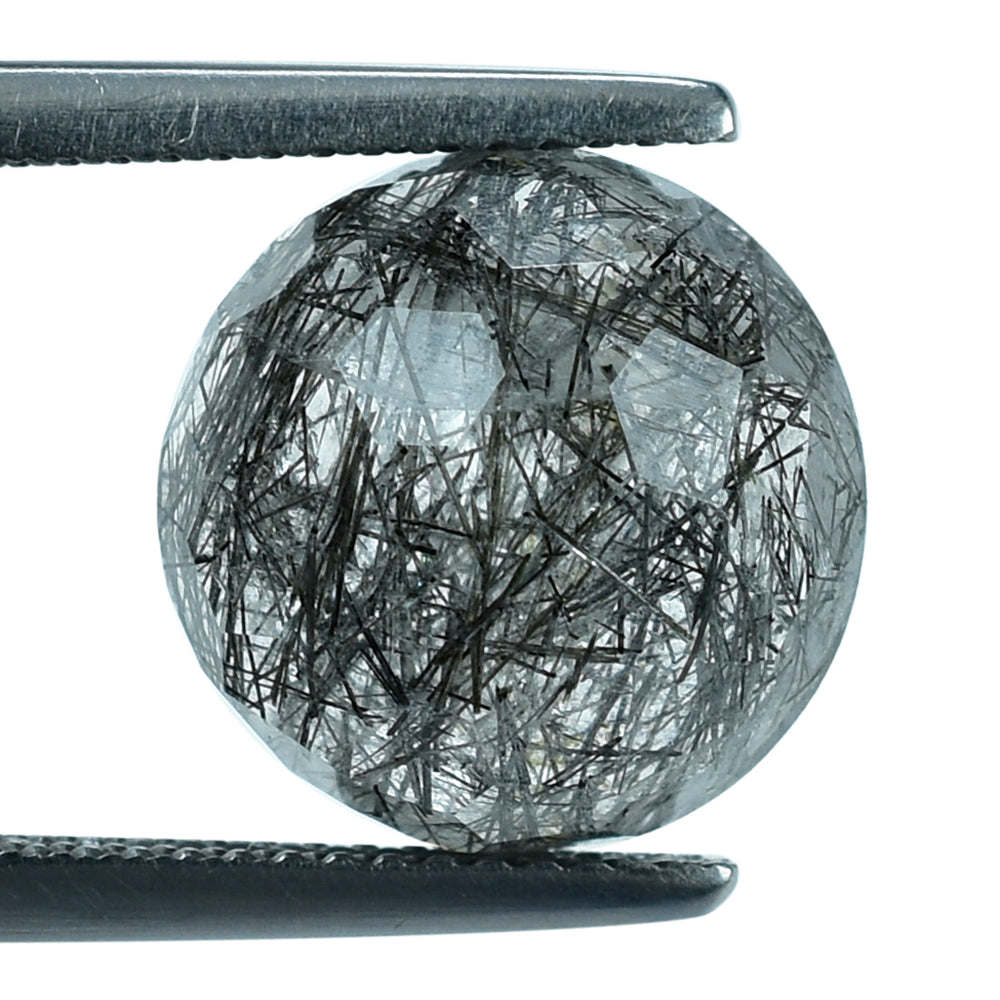 BLACK RUTILE QUARTZ IRREGULAR FACETED ROUND CAB 12MM 7.76 Cts.