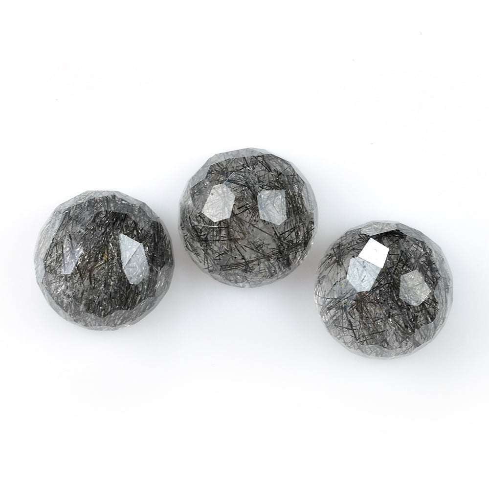 BLACK RUTILE QUARTZ IRREGULAR FACETED ROUND CAB 12MM 7.76 Cts.