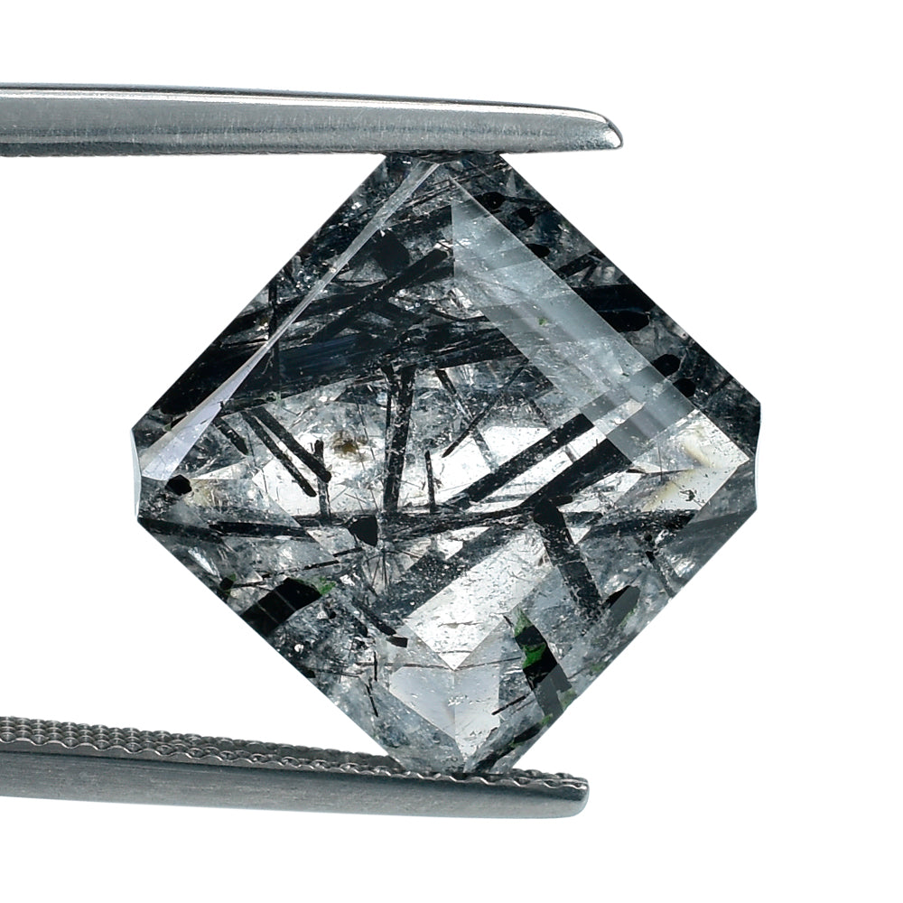 BLACK RUTILE QUARTZ ASSCHER CUT SQUARE-OCTAGON (DES#139) 14MM 11.35 Cts.