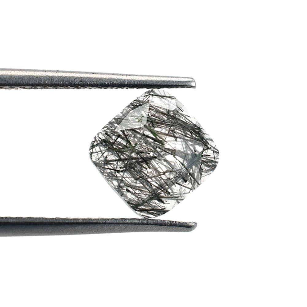 BLACK RUTILE QUARTZ MANY RUTILE CHECKER CUT CUSHION CAB (MILKY)(SI) 8.00X8.00 MM 0.38 Cts.