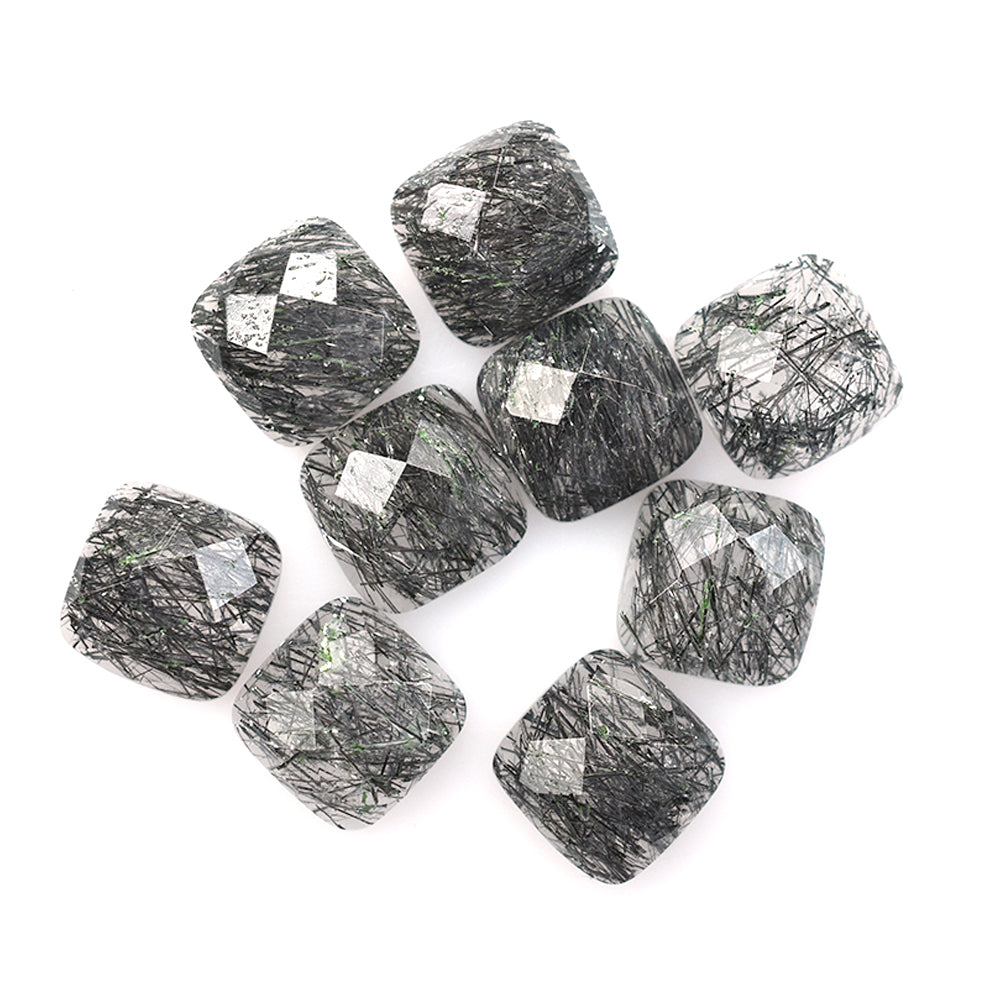 BLACK RUTILE QUARTZ MANY RUTILE CHECKER CUT CUSHION CAB (MILKY)(SI) 8.00X8.00 MM 0.38 Cts.