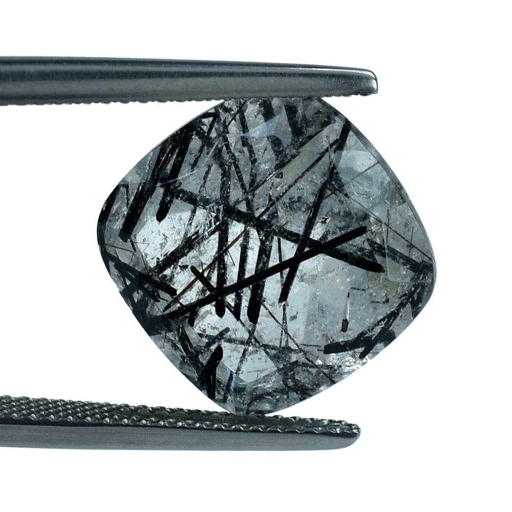 BLACK RUTILE QUARTZ CUT CUSHION 14MM  10.28 Cts.