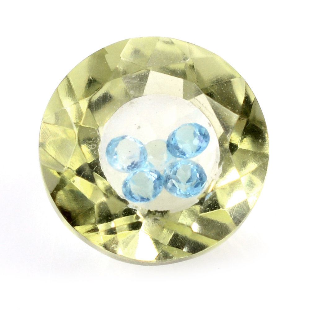 LEMON QUARTZ ON TOP CRYSTAL AT BACK CUT ROUND INSIDE SWISS BLUE TOPAZ CUT ROUND (GREEN GOLD) 8MM 1.88 Cts.