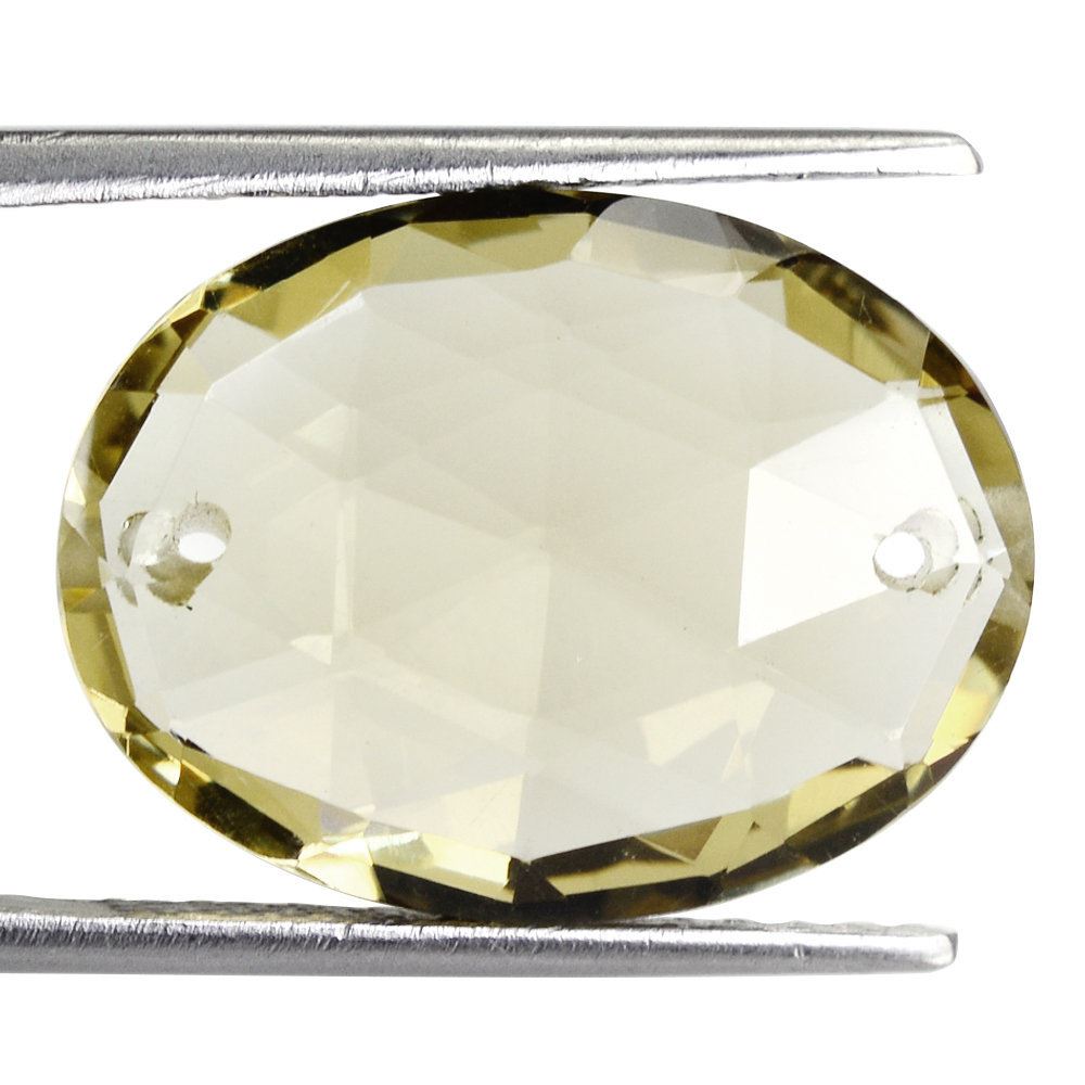 LEMON QUARTZ ROSE CUT BRIOLETTE OVAL (TWO FULL DRILL) (GREEN GOLD) 20X15MM 13.53 Cts.