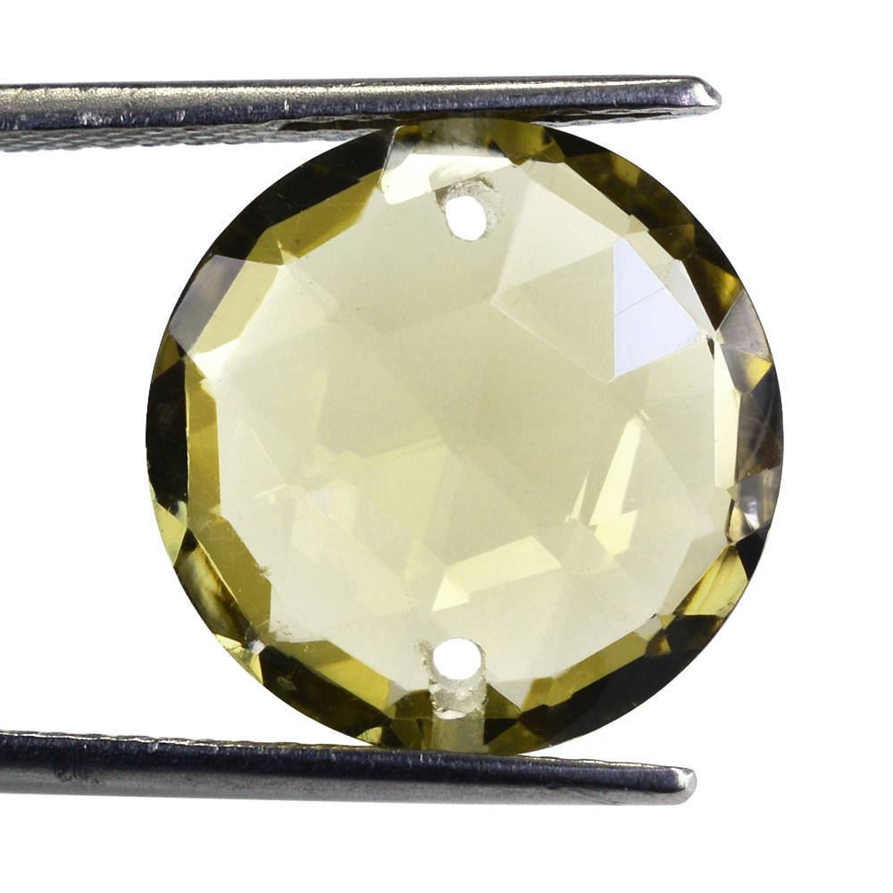 OLIVE QUARTZ ROSE CUT BRIOLETTE ROUND WITH TWO HOLE (FULL DRILL) (DES#63) 16MM 10.05 Cts.