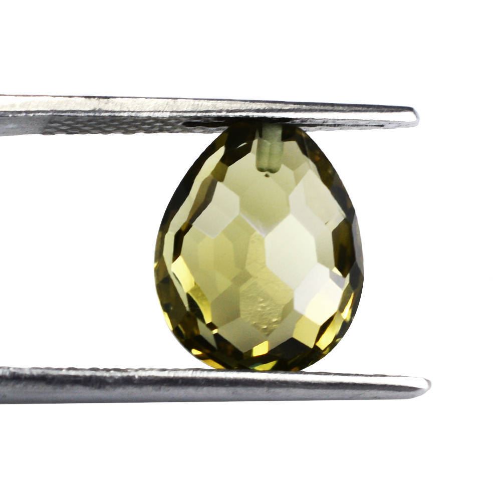 OLIVE QUARTZ FOOTBALL CUT BRIOLETTE PEAR (HALF DRILL) 10X8MM 2.60 Cts.