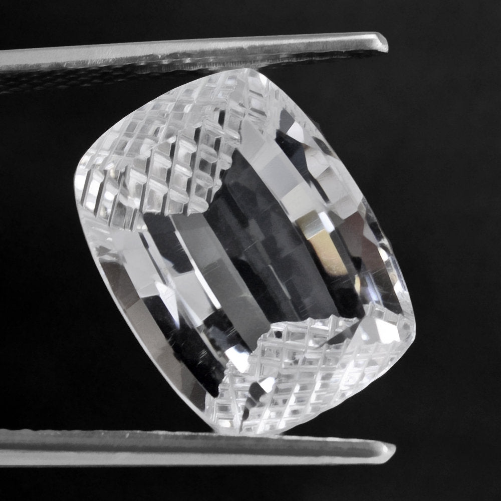 CRYSTAL CUSHION STEP CUT WITH CARVED SIDES (DES#78) 16X12MM 11.70 Cts.