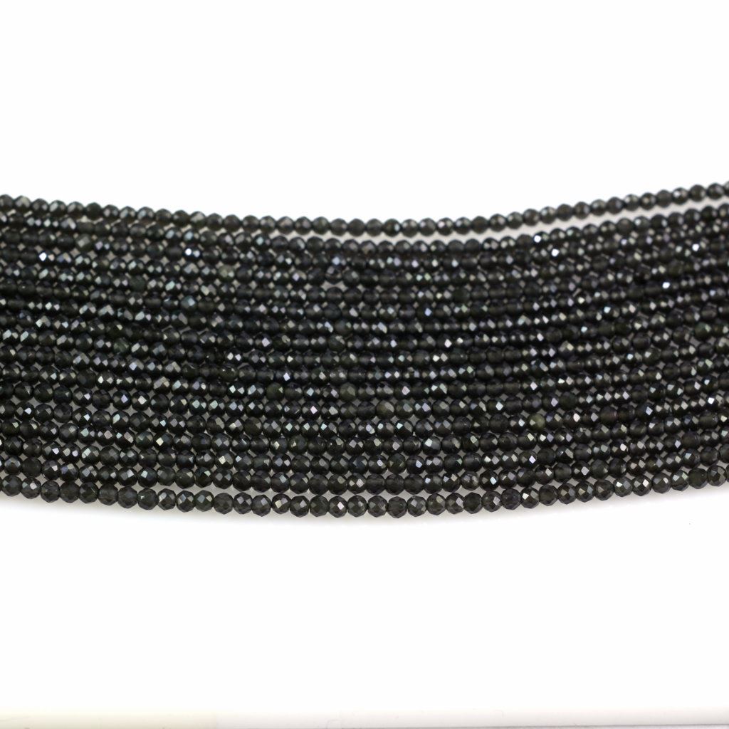 BLACK CAT'S EYE 2.00MM FACETED ROUND BEADS 12.50" PER LINE