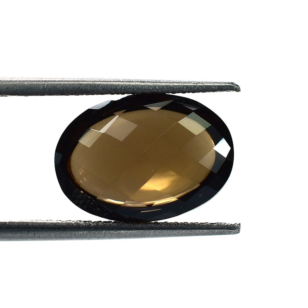 SMOKY QYARTZ CHECKER CUT TOP BUFF BACK OVAL (DARK) 14.00X10.00 MM 7.35 Cts.