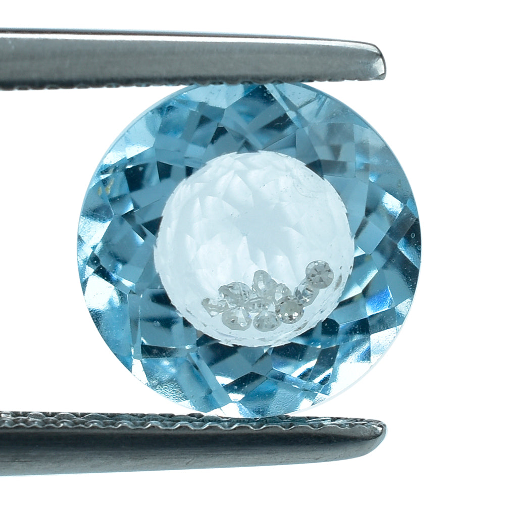 SWISS BLUE TOPAZ WITH INSIDE DIAMOND CUT ROUND  10MM 4.44 Cts.