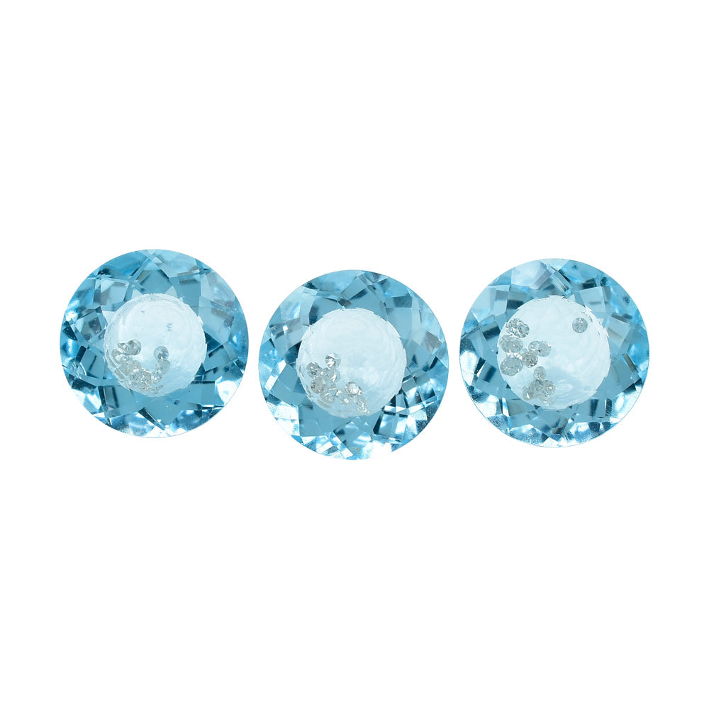 SWISS BLUE TOPAZ WITH INSIDE DIAMOND CUT ROUND  10MM 4.44 Cts.