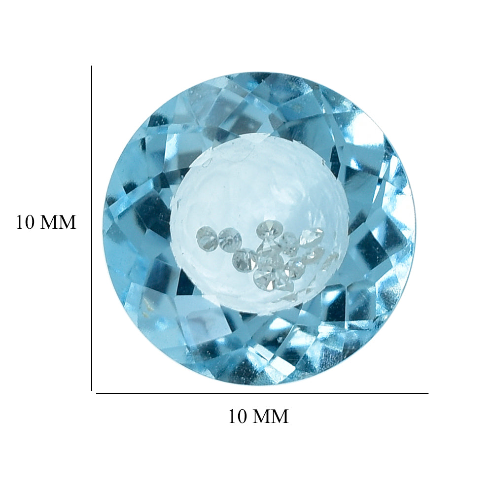 SWISS BLUE TOPAZ WITH INSIDE DIAMOND CUT ROUND  10MM 4.44 Cts.