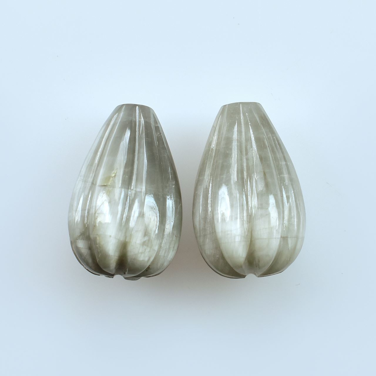 CAT'S EYE GREY MELON CARVED DROPS 12.00X8.00 MM 4.98 Cts.