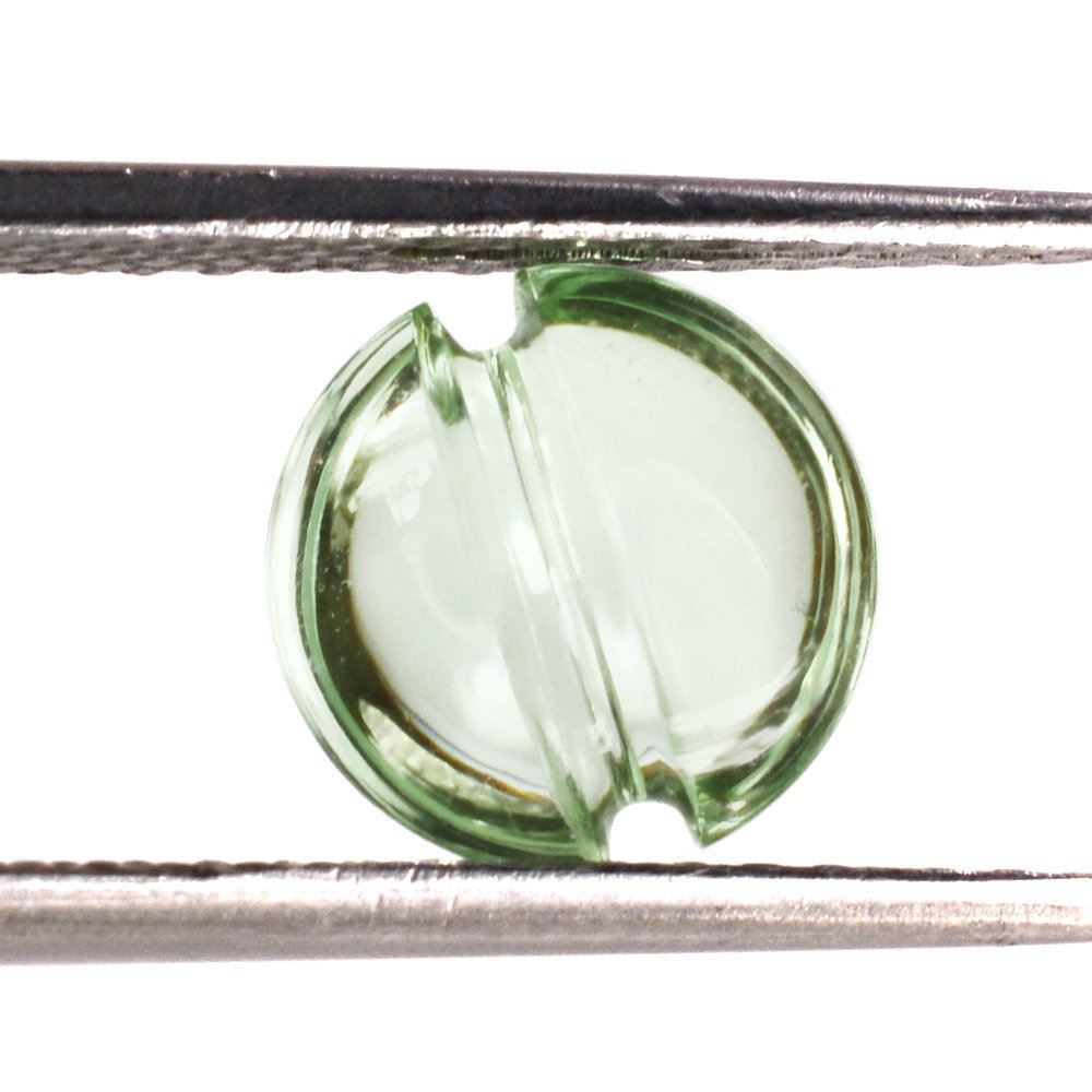 GREEN AMETHYST LENTIL ROUND WITH CARVED BELT (DES#25) 9MM 2.35 Cts.