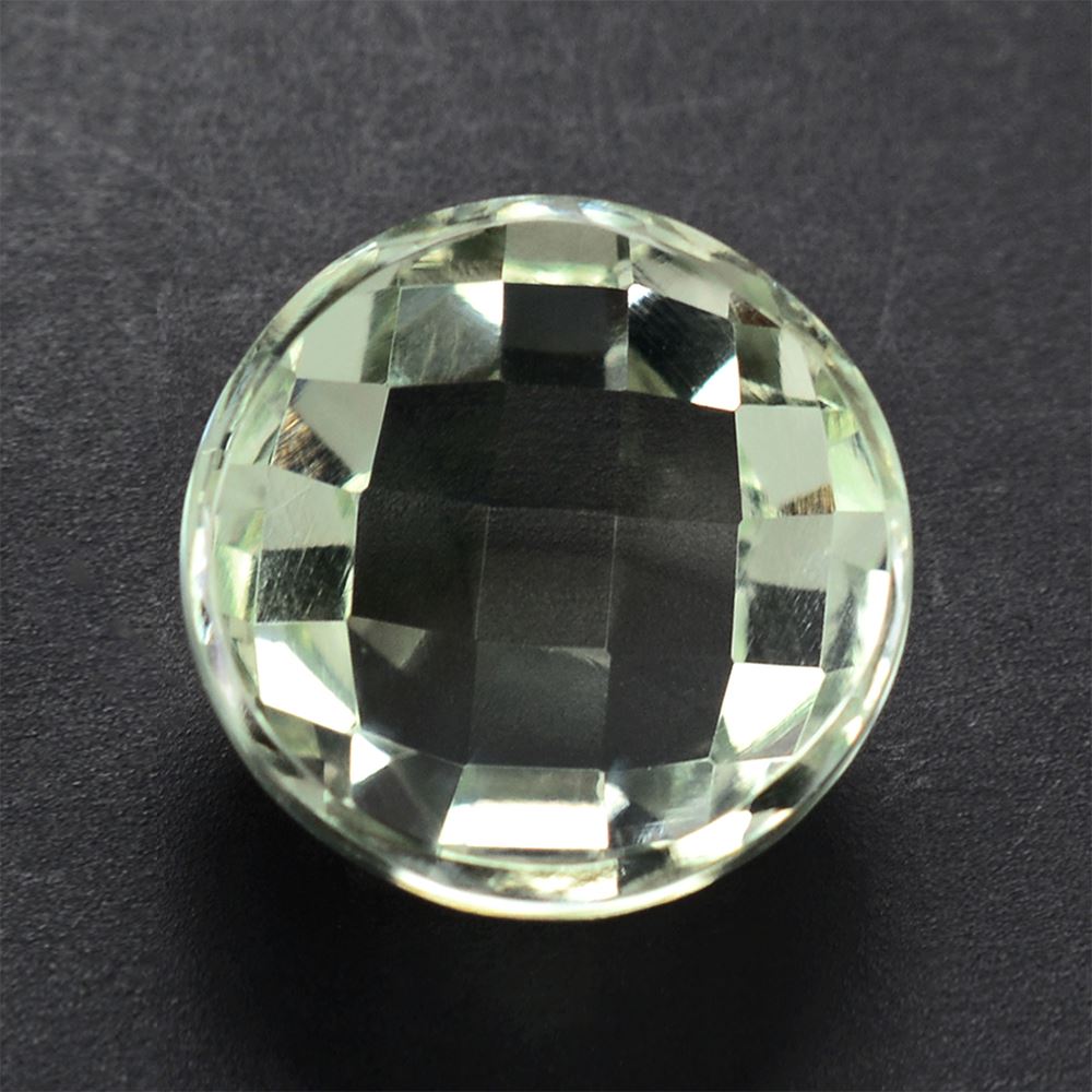 GREEN AMETHYST CHECKER ROUND CAB 15MM 11.99 Cts.