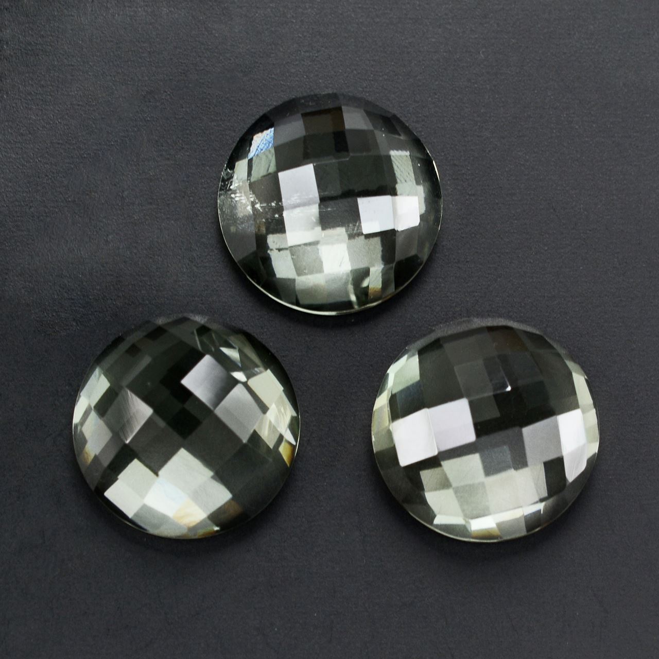 GREEN AMETHYST CHECKER ROUND CAB 15MM 11.99 Cts.