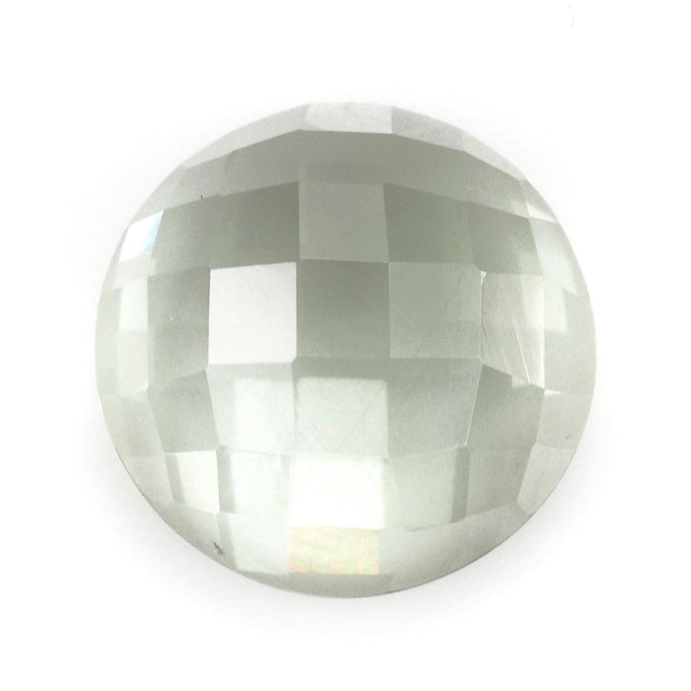 GREEN AMETHYST CHECKER ROUND CAB 15MM 11.99 Cts.