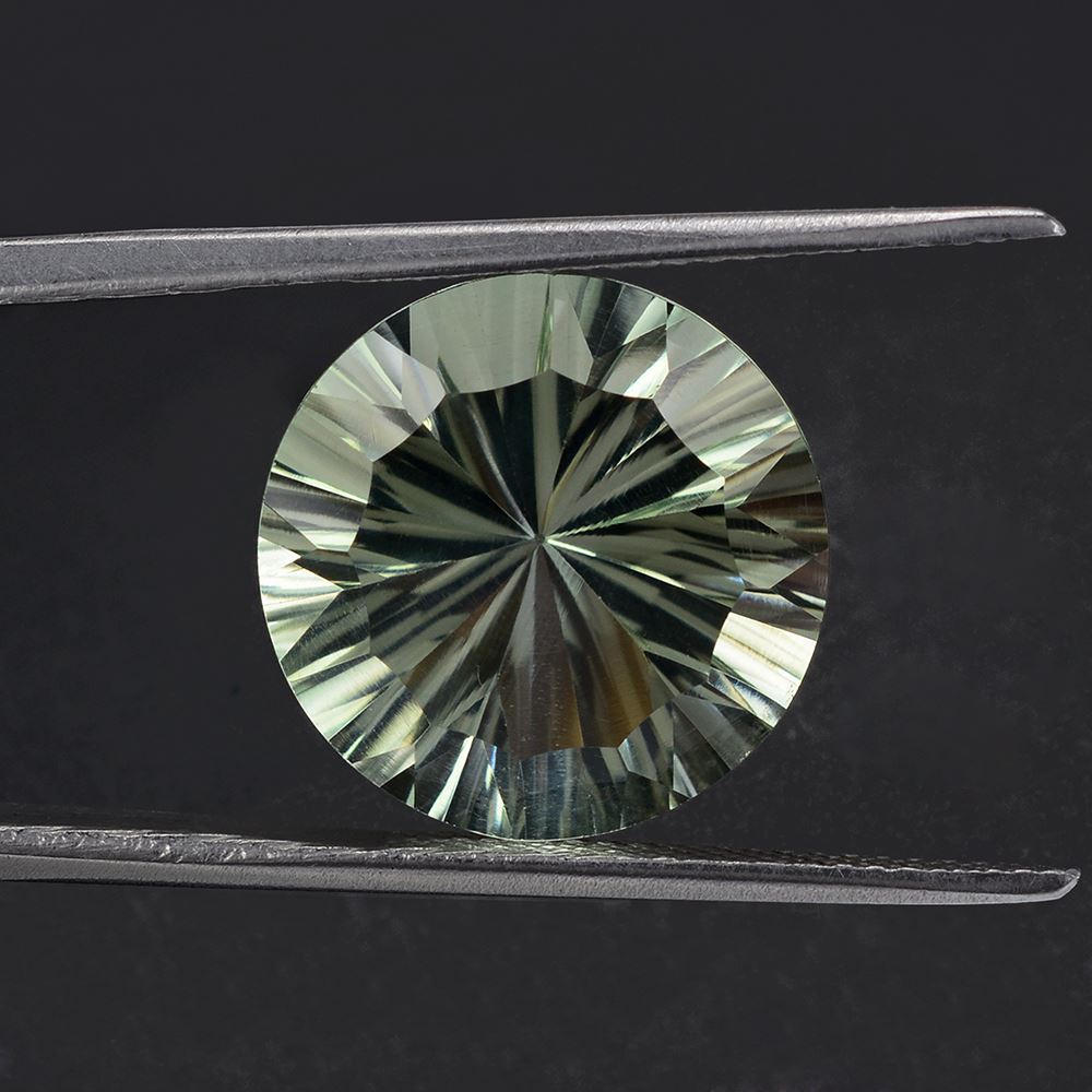 GREEN AMETHYST CONCAVE STRAIGHT FACETED ROUND 15MM 9.78 Cts.