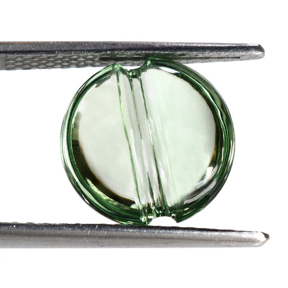GREEN AMETHYST LENTIL ROUND WITH CARVED  BELT (DES#25) (SUPER) 12MM 5.21 Cts.