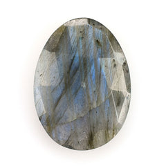 LABRADORITE ROSE CUT TOP WITH TABLE CUT BACK IRREGULAR OVAL (BLUE-GREEN)(SOME BLACK SPOTS & CRACKS) 21.00X15.00 MM 9.15 CTS