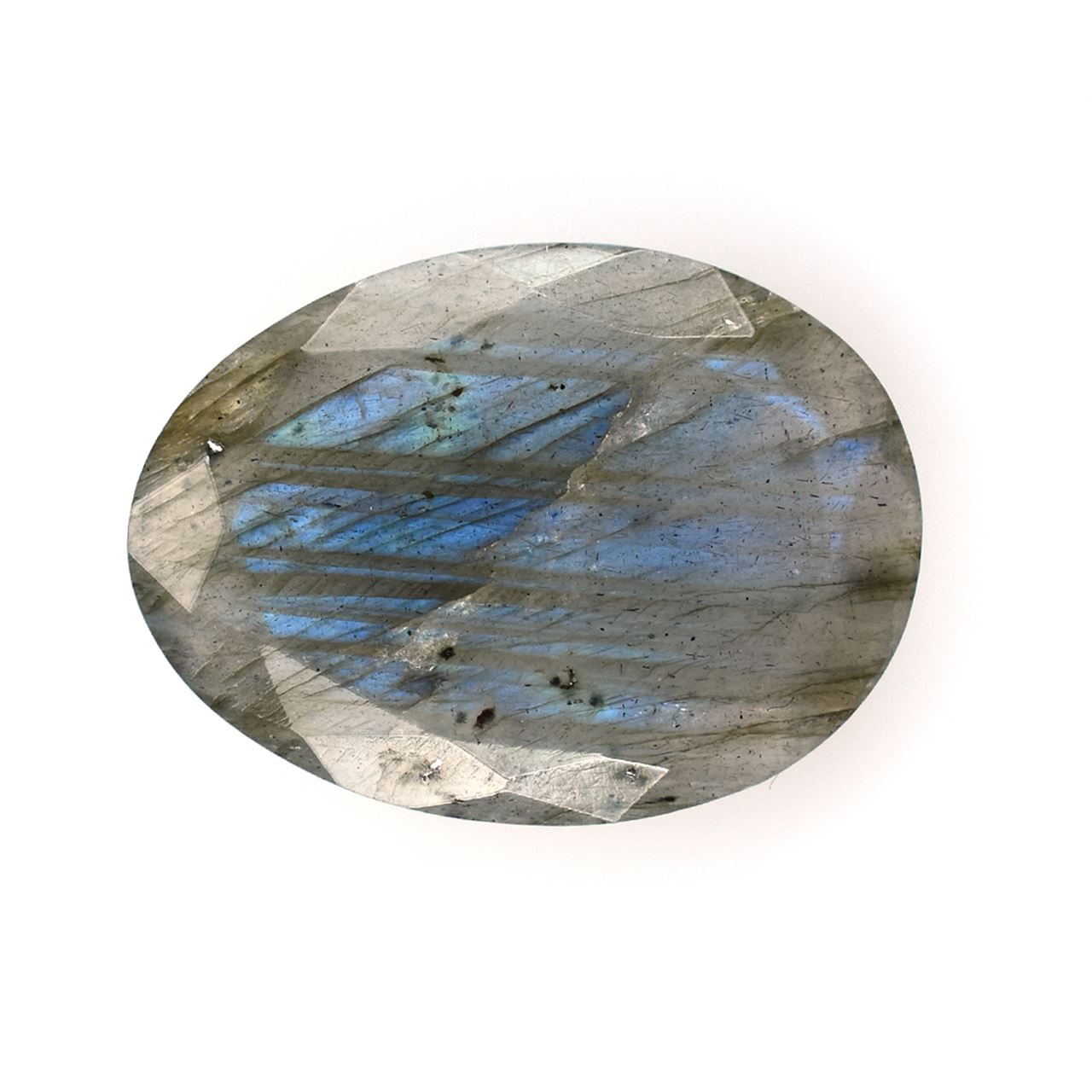 LABRADORITE ROSE CUT TOP WITH TABLE CUT BACK IRREGULAR OVAL (BLUE-GREEN)(SOME BLACK SPOTS & CRACKS) 21.00X15.00 MM 9.15 CTS