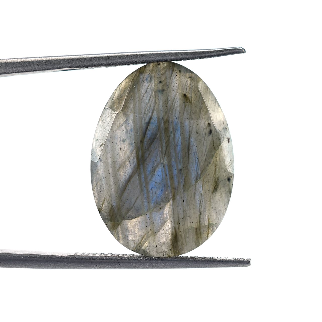 LABRADORITE ROSE CUT TOP WITH TABLE CUT BACK IRREGULAR OVAL (BLUE-GREEN)(SOME BLACK SPOTS & CRACKS) 21.00X15.00 MM 9.15 CTS