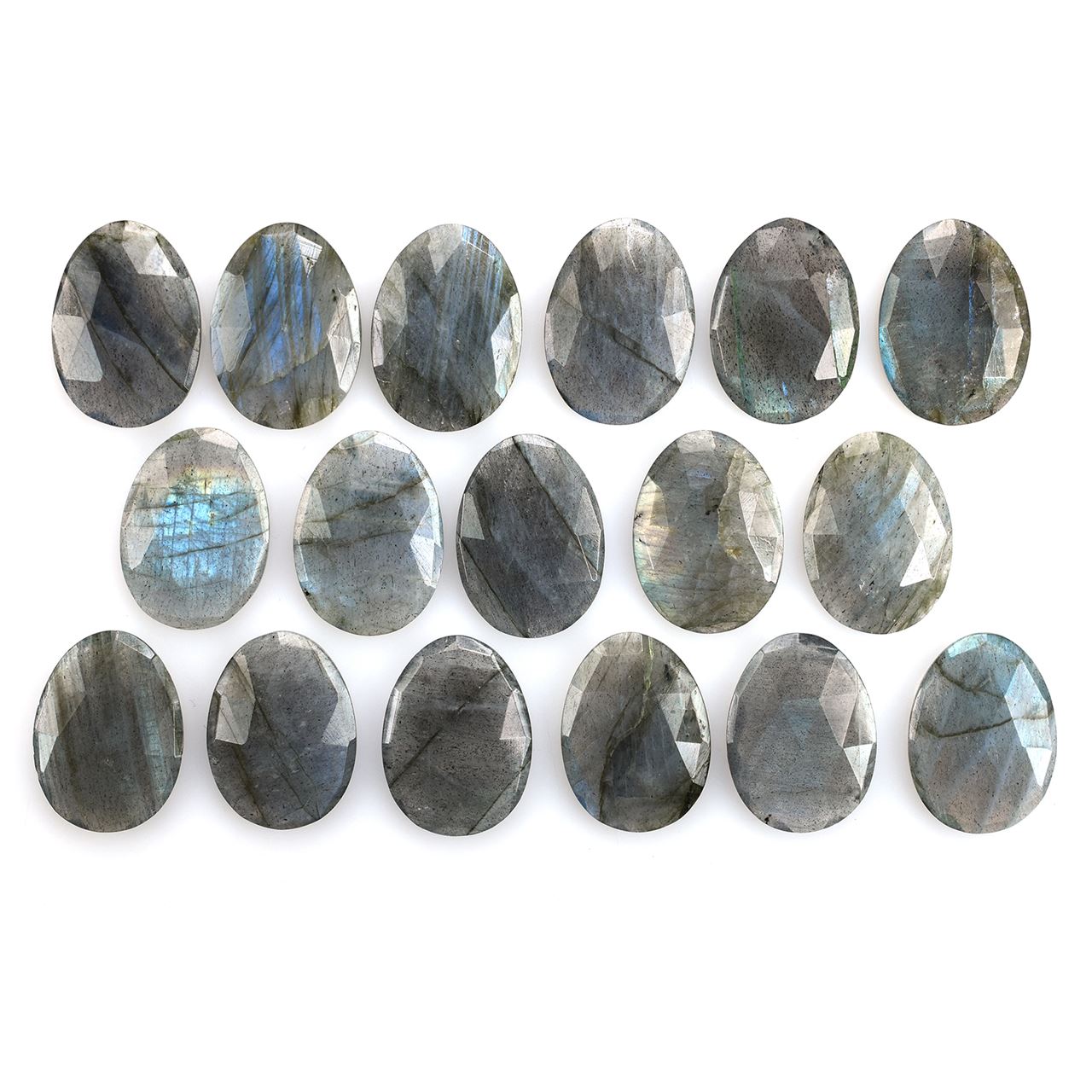 LABRADORITE ROSE CUT TOP WITH TABLE CUT BACK IRREGULAR OVAL (BLUE-GREEN)(SOME BLACK SPOTS & CRACKS) 21.00X15.00 MM 9.15 CTS