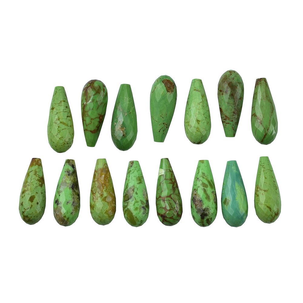 MOHAVE TURQUOISE LITE (GREEN)(MEDIUM MATRIX) (HALF DRILL 0.75) CHECKER FACETED FULLY ROUNDED DROPS 18.00X7.00 MM 4.85 Cts.