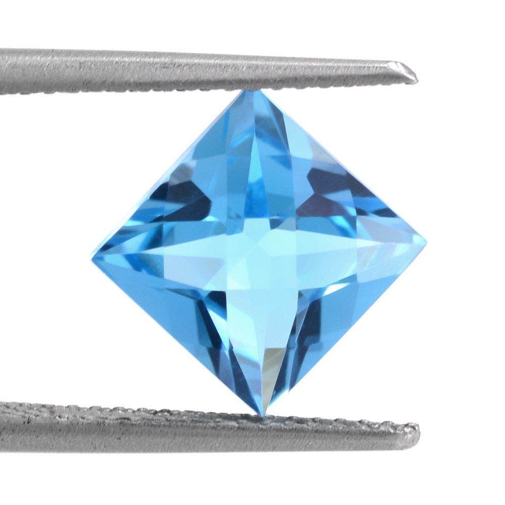 SWISS BLUE TOPAZ CHECKER ON TOP PRINCESS CUT BACK SQUARE 8MM 3 Cts.